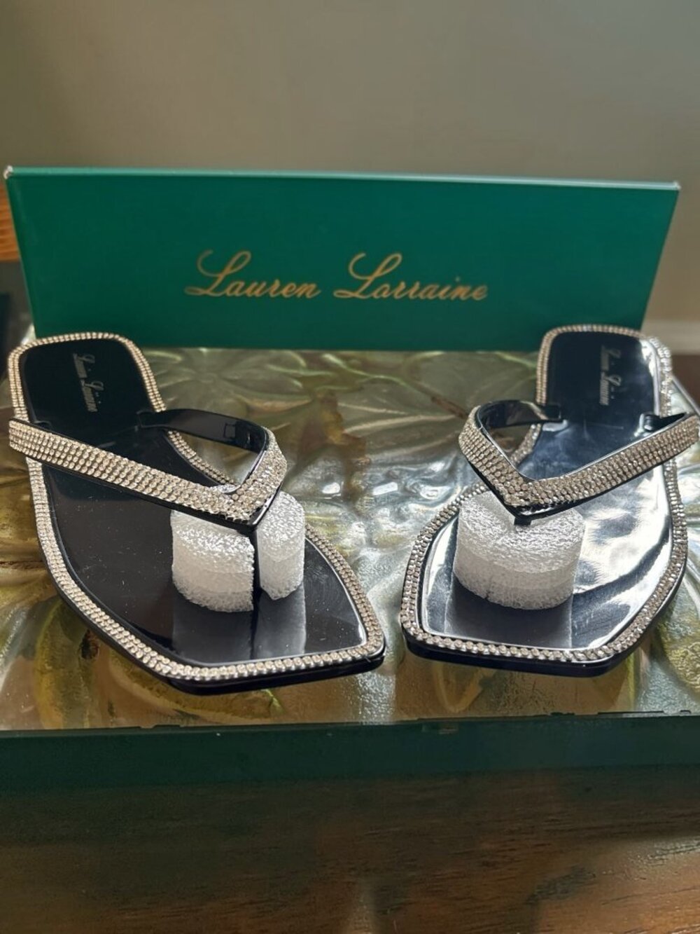 Lauren Lorraine Tampa Black Rhinestone Sandals Womens Size 6 Bling Slide NIB